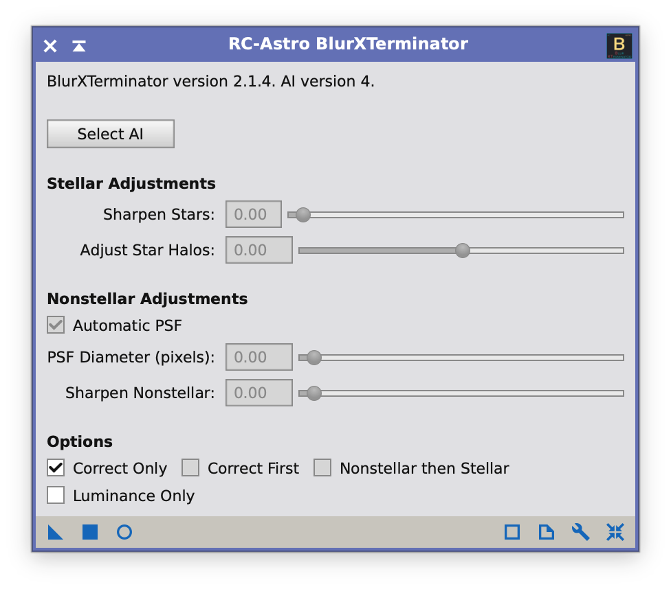 BlurXTerminator Correct Only Einstellungen